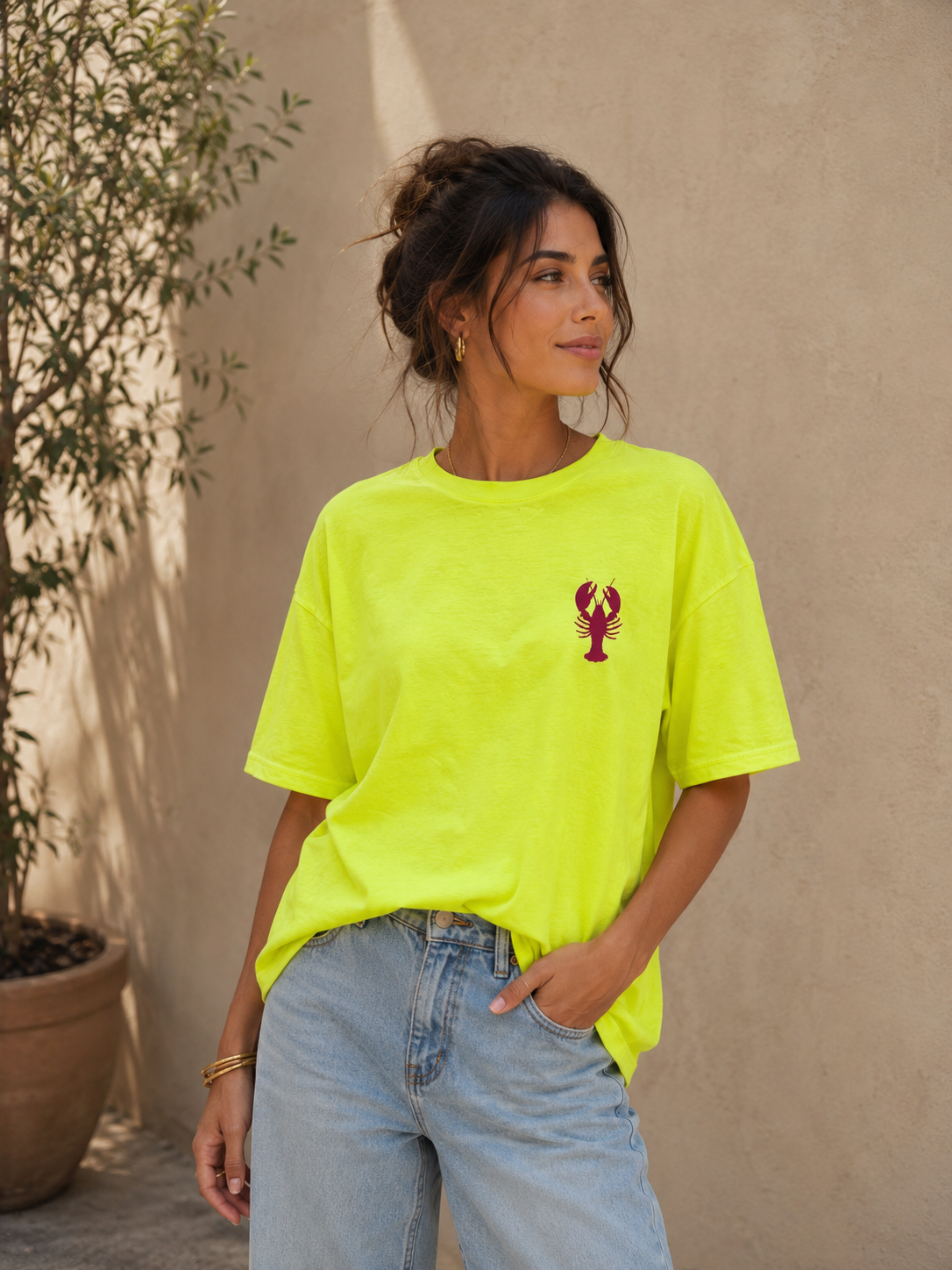 Tee-shirt TOSCA jaune fluo - homard velours magenta- Anouk & Ninon