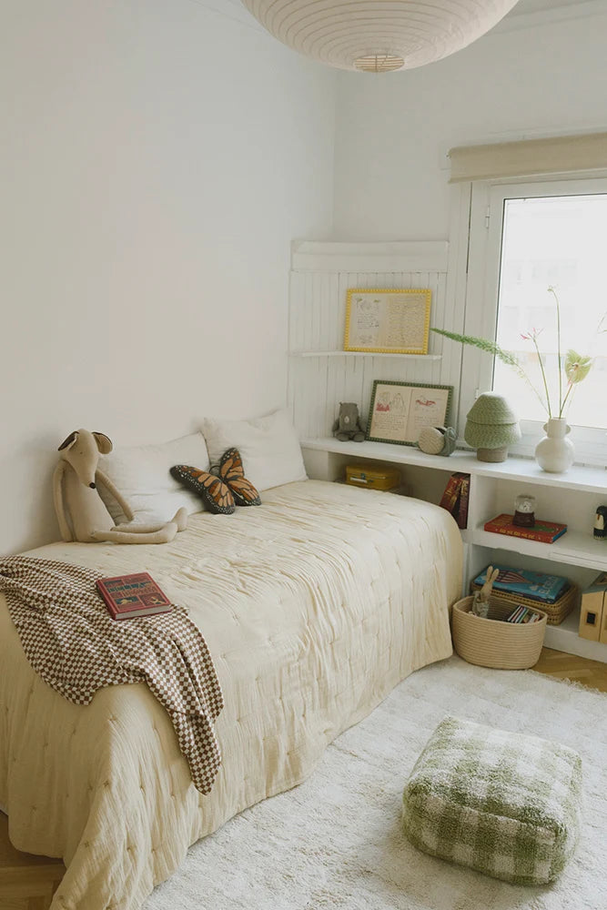 Pouf Vichy – Coton Naturel, Style Vintage