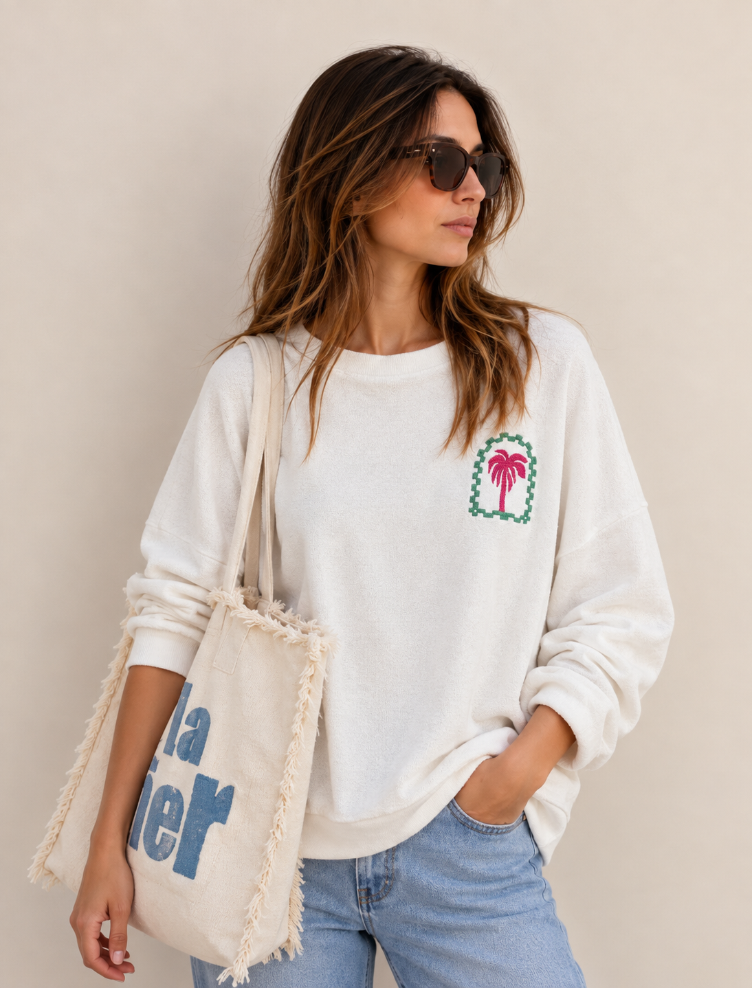 Pull blanc éponge - broderie palmier - Anouk & Ninon