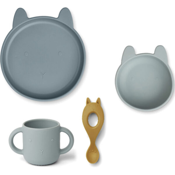 coffret vaisselle pour bébé en silicone avec assiette, bol, cuillère avec des oreilles de lapin et une tasse